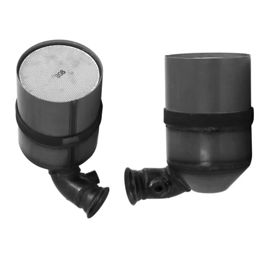Zwei graue zylindrische Filter mit Ellbogenanschlüssen für Peugeot Partner Tepee